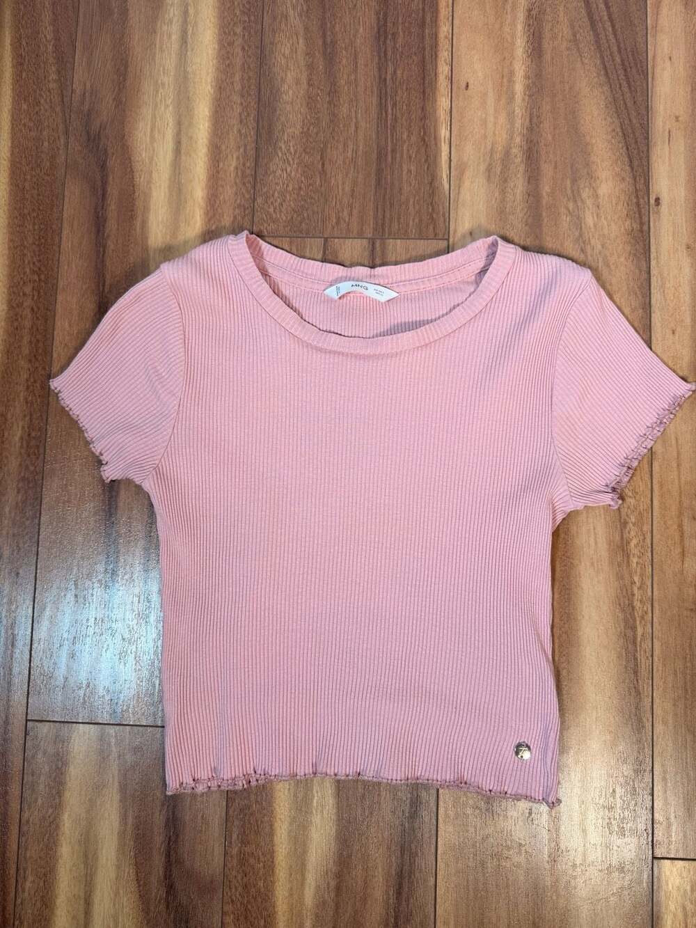 MNG Ribbed Lettuce Trim Crop Top Size S Pink Short Sleeve Tee